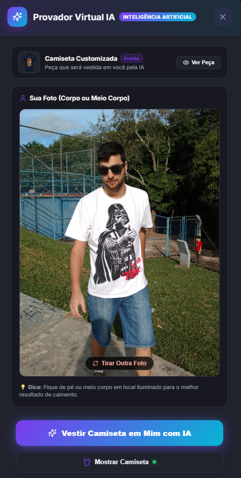 Tela real da interface do Provador Virtual no celular